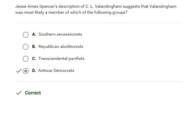 PLEASE HELP THIS IS APUSH!! Jesse Ames Spencer’s description of C.L. Valandingham-example-1