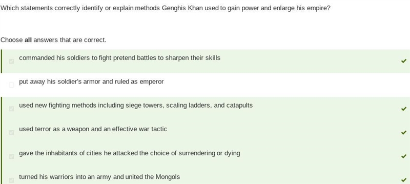 Which statements correctly identify or explain methods Genghis Khan used to gain power-example-1