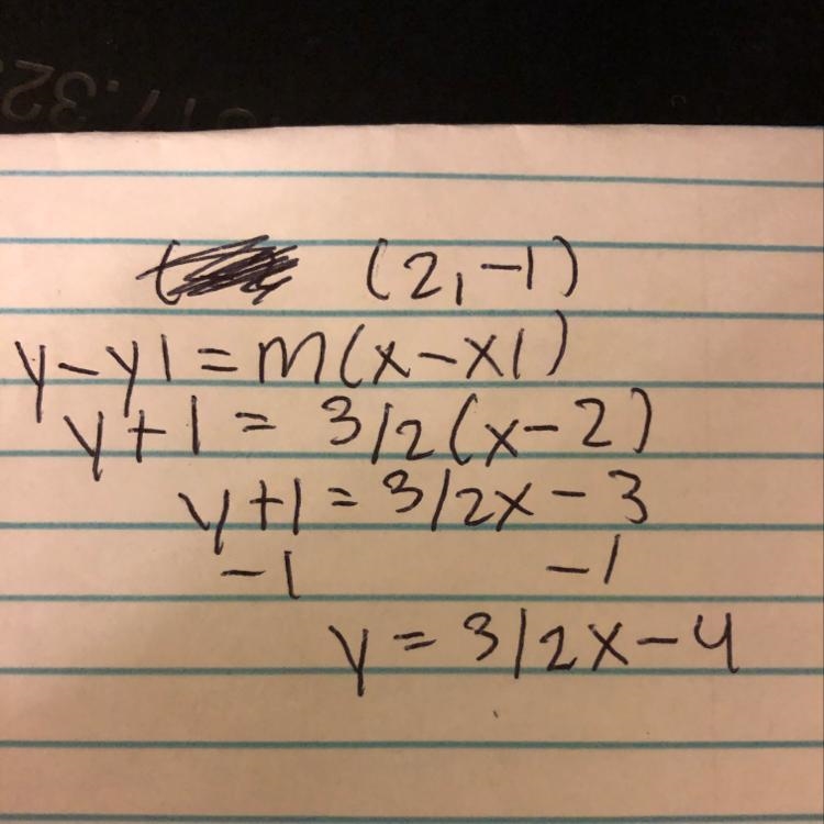 What is the equation of the line that passes through the point (2, -1) and has a slope-example-1