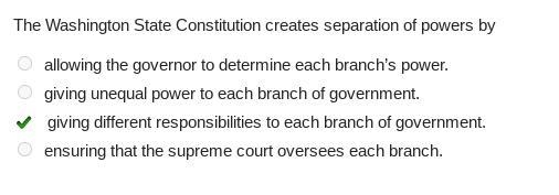 The Washington State Constitution creates separation of powers by allowing the governor-example-1