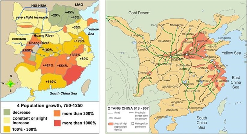 Based on both maps, which of these describes China's population density between the-example-1