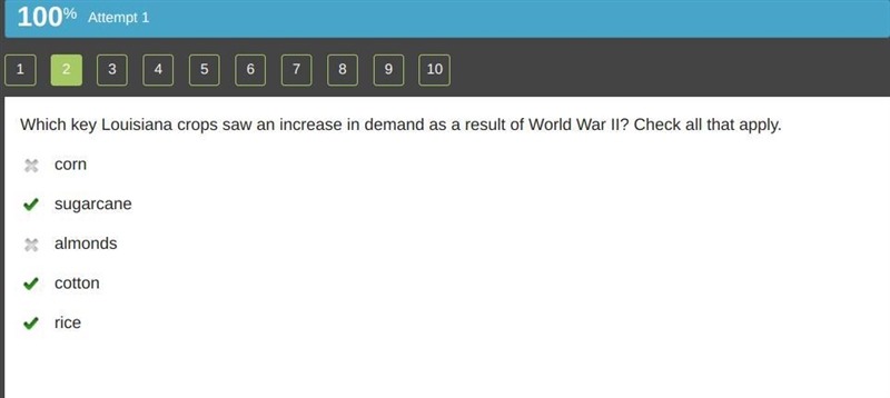 Which key Louisiana crops saw an increase in demand as a result of World War II? Check-example-1