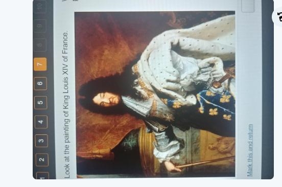 Look at the painting of King Louis XIV of France. Which word best describes the way-example-1