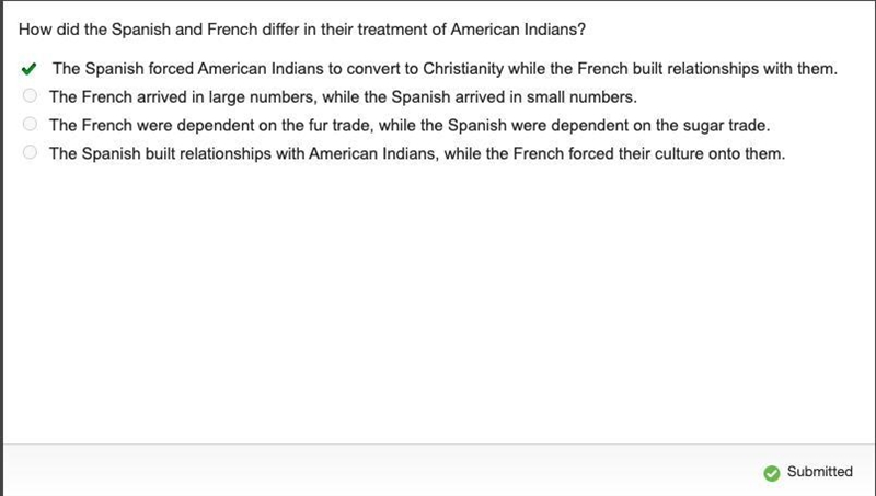 How did the Spanish and French differ in their treatment of American Indians?-example-1