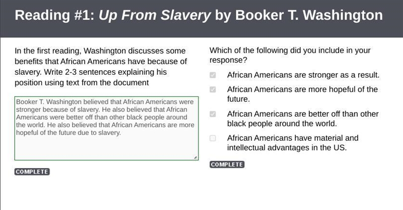 In the first reading, Washington discusses some benefits that African Americans have-example-1