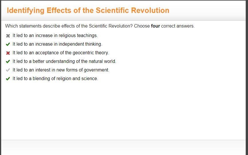 Choose 4 Which statements describe effects of the Scientific Revolution? Choose four-example-1