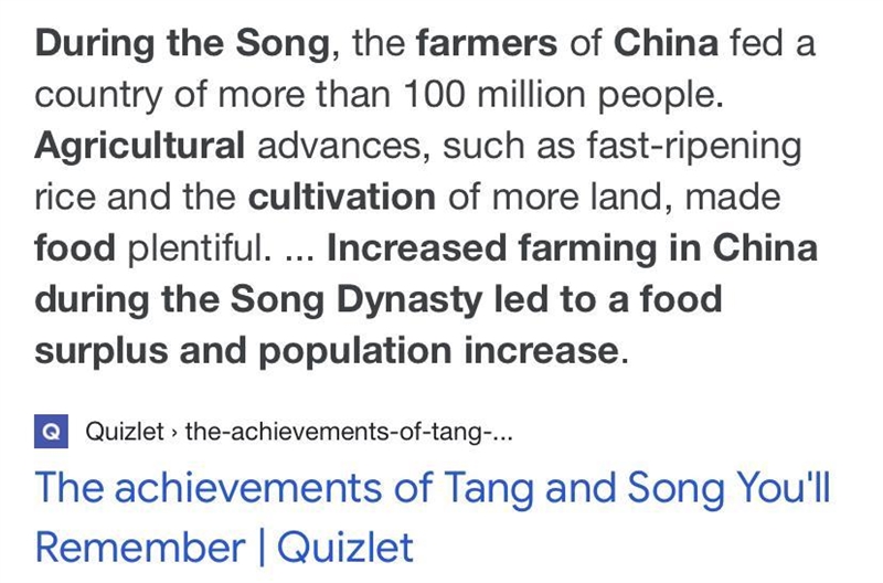 Increased farming in China during the Song Dynasty led to a food surplus and population-example-1