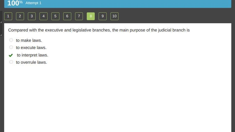 Compared with the executive and legislative branches, the main purpose of the judicial-example-1