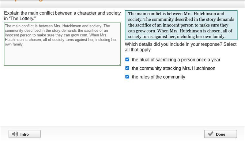 Explain the main conflict between a character and society in “The Lottery.”-example-1