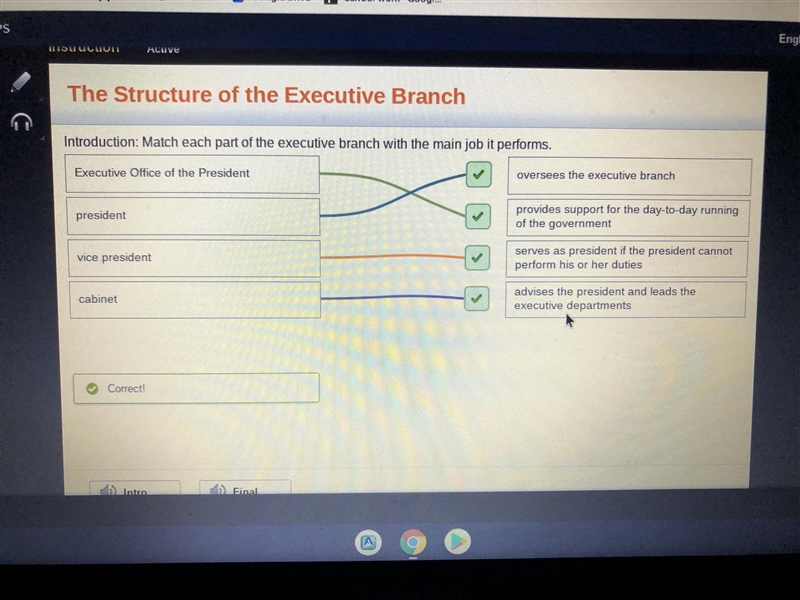 Introduction: Match each part of the executive branch with the main job it performs-example-1