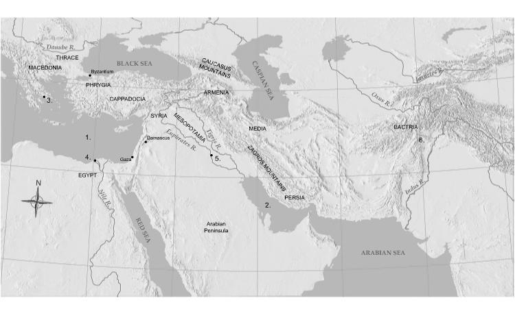 Which number on the map indicates the farthest reaches of Alexander's conquests? A-example-1