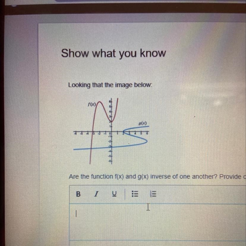 Are the functions f(x) and g(x) inverse of one another?-example-1