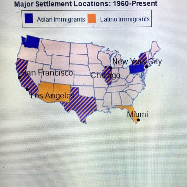 based on this map asian immigrants settled mostly in which of these states? florida-example-1