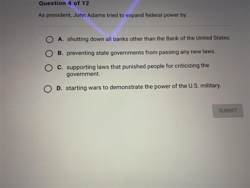 As president, john adams tried to expand federal power by:-example-1