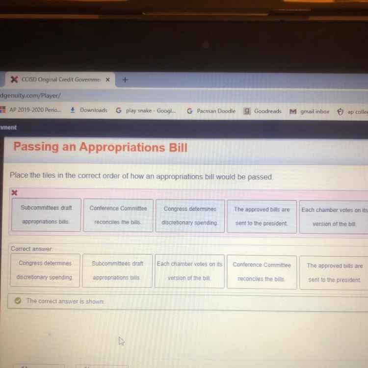 Place the tiles in the correct order of how an appropriations bill would be passed-example-1