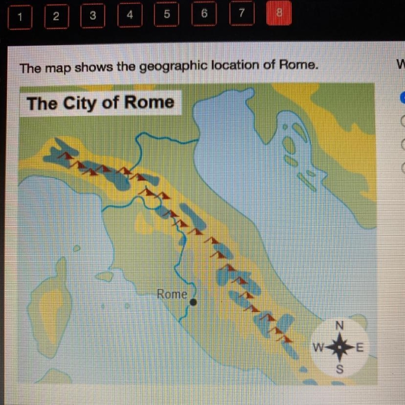 Which natural feature is the closest to the city of Rome? A. the Tiber River B. the-example-1