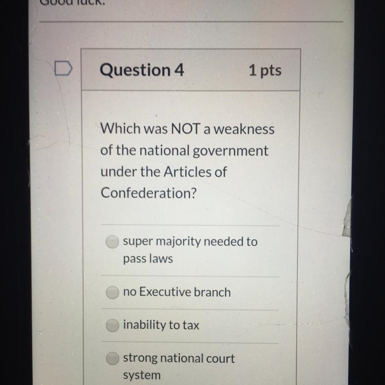 Which was NOT a weakness of the national government under the Articles of Confederation-example-1