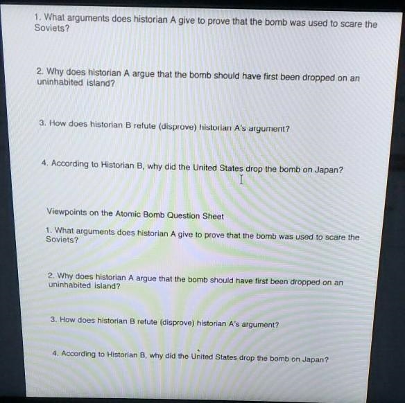 Look up handout 86 viewpoints on the atomic bomb then answer the questions full sentences-example-1