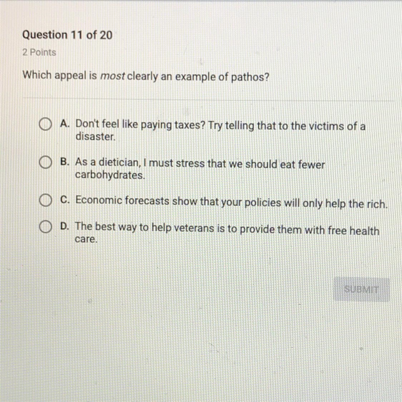 Which appeal is most clearly an example of pathos?-example-1