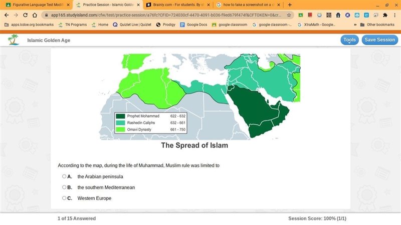 According to the map, during the life of Muhammad, Muslim rule was limited to-example-1