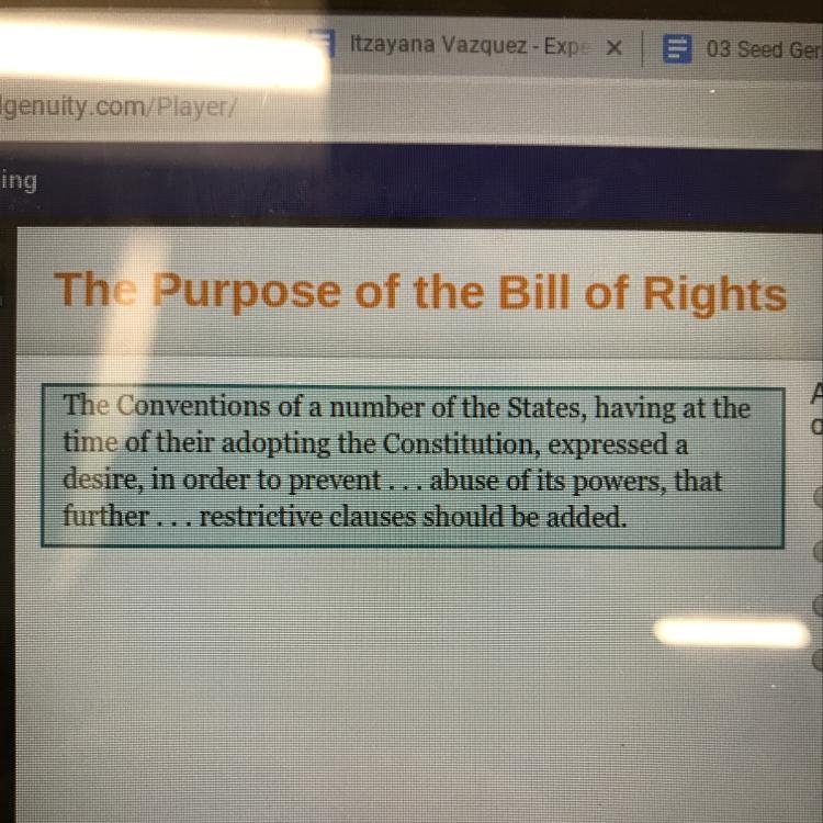 According to this excerpt, what was the main purpose of ratifying the Bill of Rights-example-1