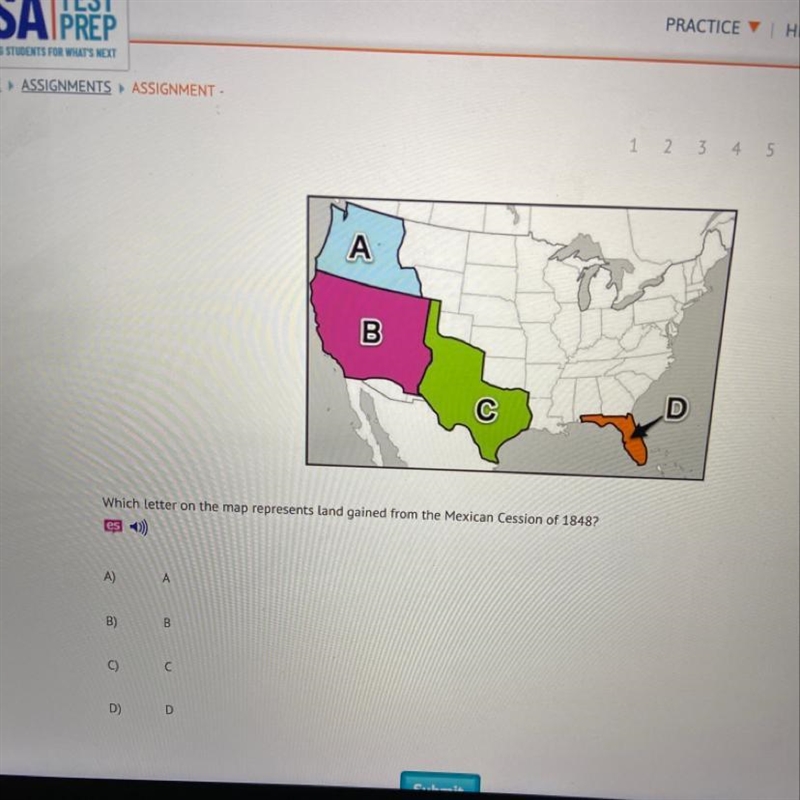 Which letter on the map represents land gained from Mexican Cession of 1848? (A).A-example-1