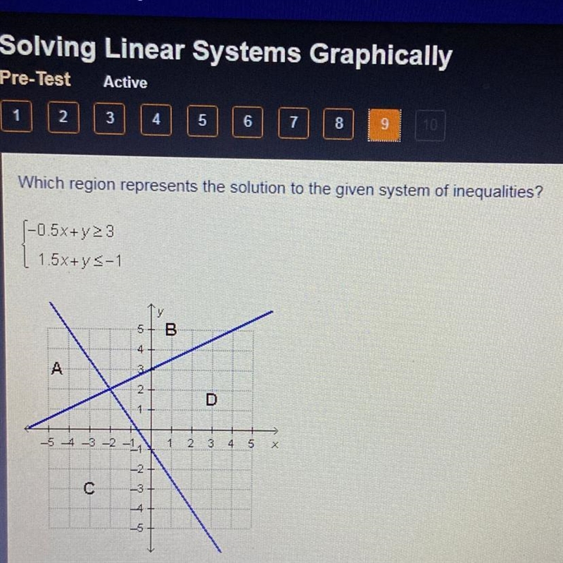 Which region represents the solution to the given system of inequalities? {-0.5x+y-example-1