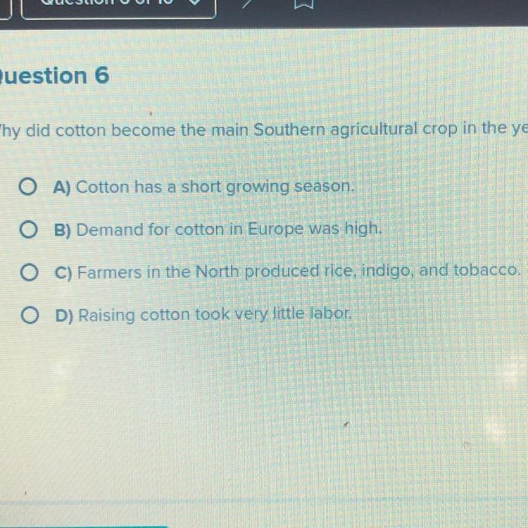 Why did cotton become the main southern agricultural crop in the years before 1860?-example-1