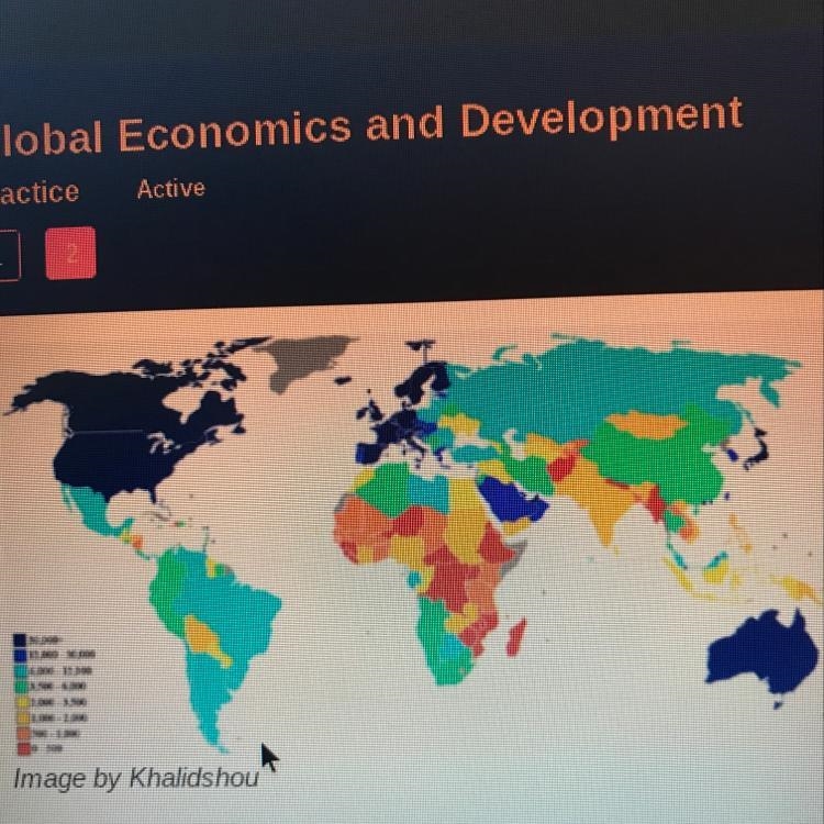 The map above shows the per capita GDP produced by each country. Based on the map-example-1