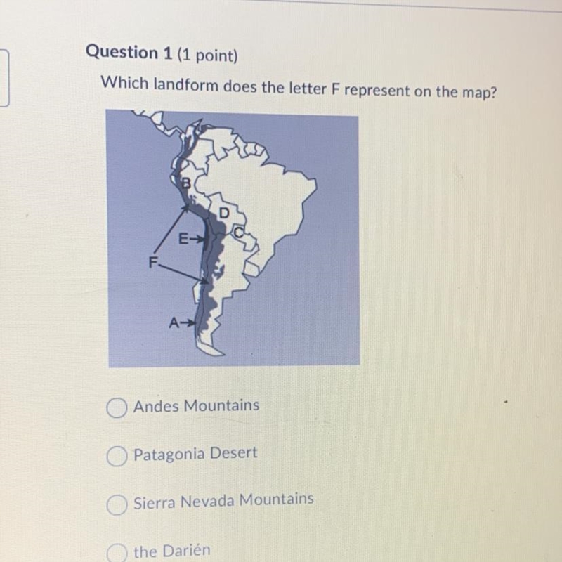 Which landform does the letter F represent on the map? Andes Mountains Patagonia Desert-example-1