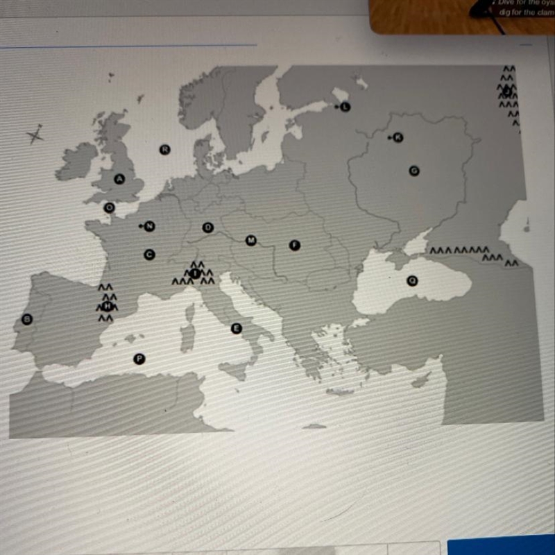 Use the map to choose the correct answer to the question. Which letter identifies-example-1