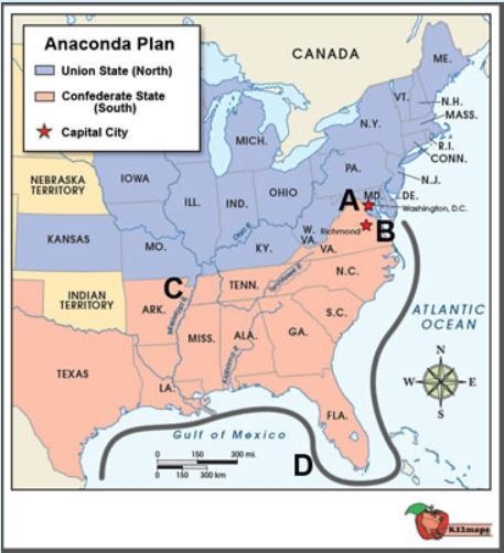 If the Union could control point B on the map, what would be the result? a. The Confederacy-example-1