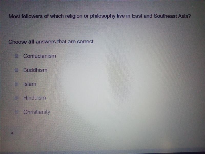 Most followers of which religion or philosophy live in East and Southeast Asia?-example-1