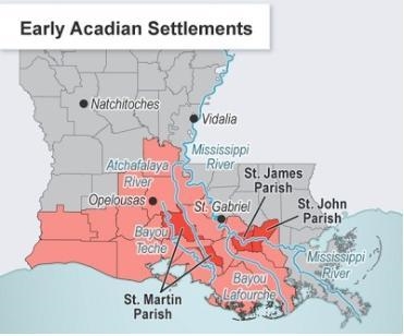 The map shows early Acadian settlements. According to the map, most early Acadians-example-1