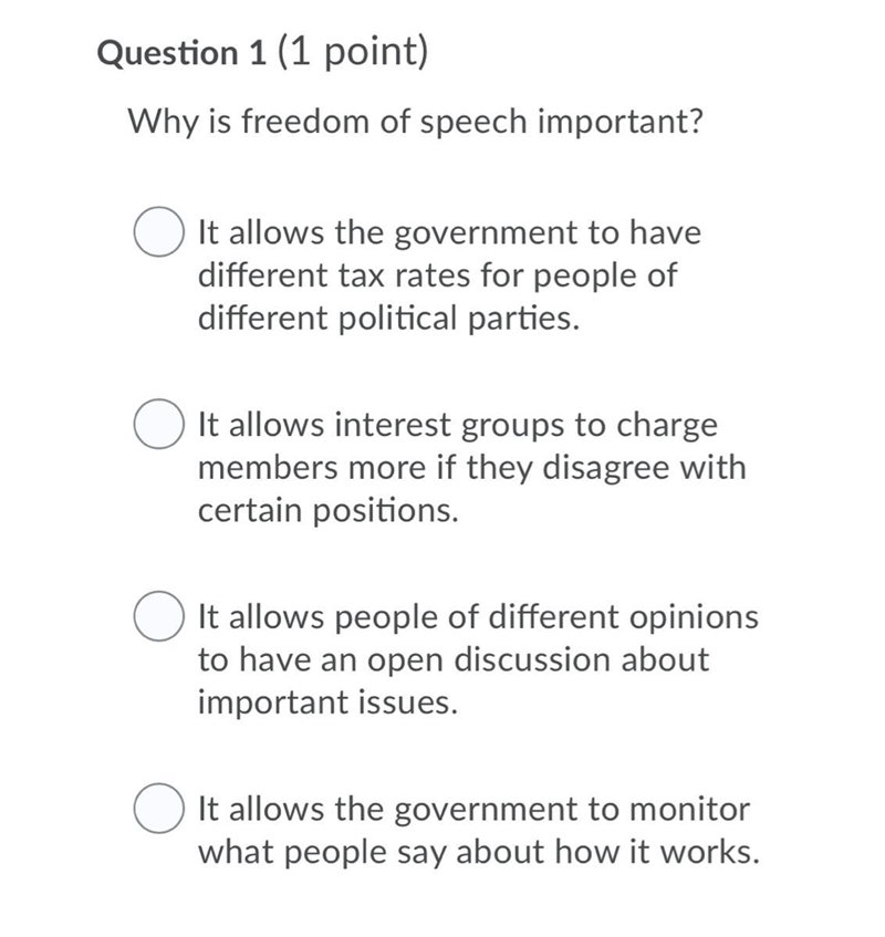 (HELP NEEDED NOW)Why is freedom of speech important? Question 1 options: It allows-example-1