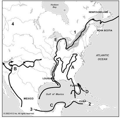 Which letter indicates the route taken by Spanish explorer, Ponce de León? A. B. C-example-1