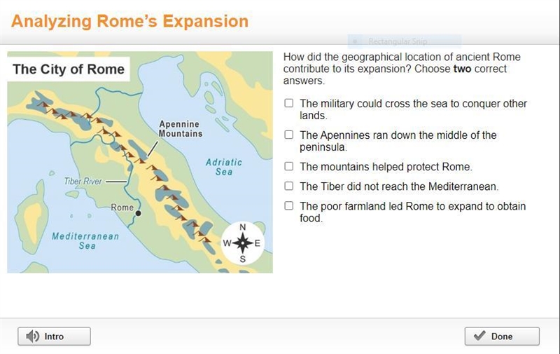 How did the geographical location of ancient Rome contribute to its expansion? Choose-example-1