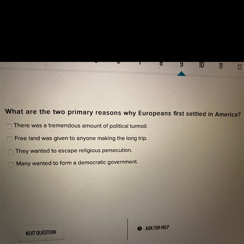 What are the two primary reasons why Europeans first settled in America-example-1