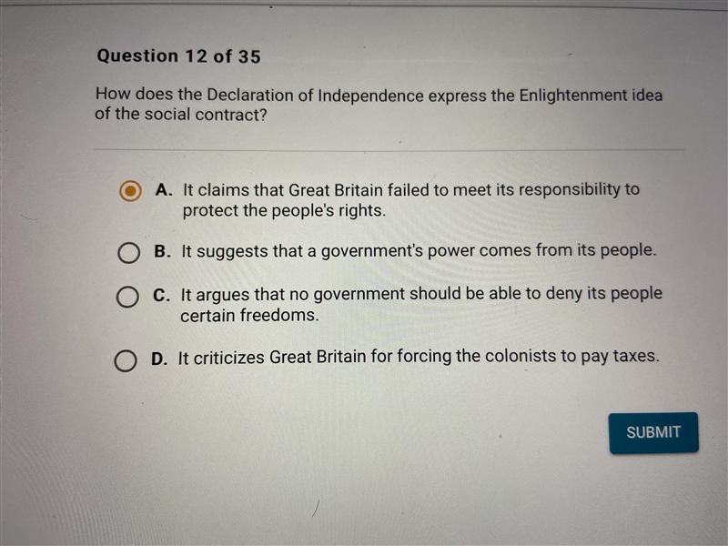 How does the Declaration of Independence expressed in line my idea of a social contract-example-1