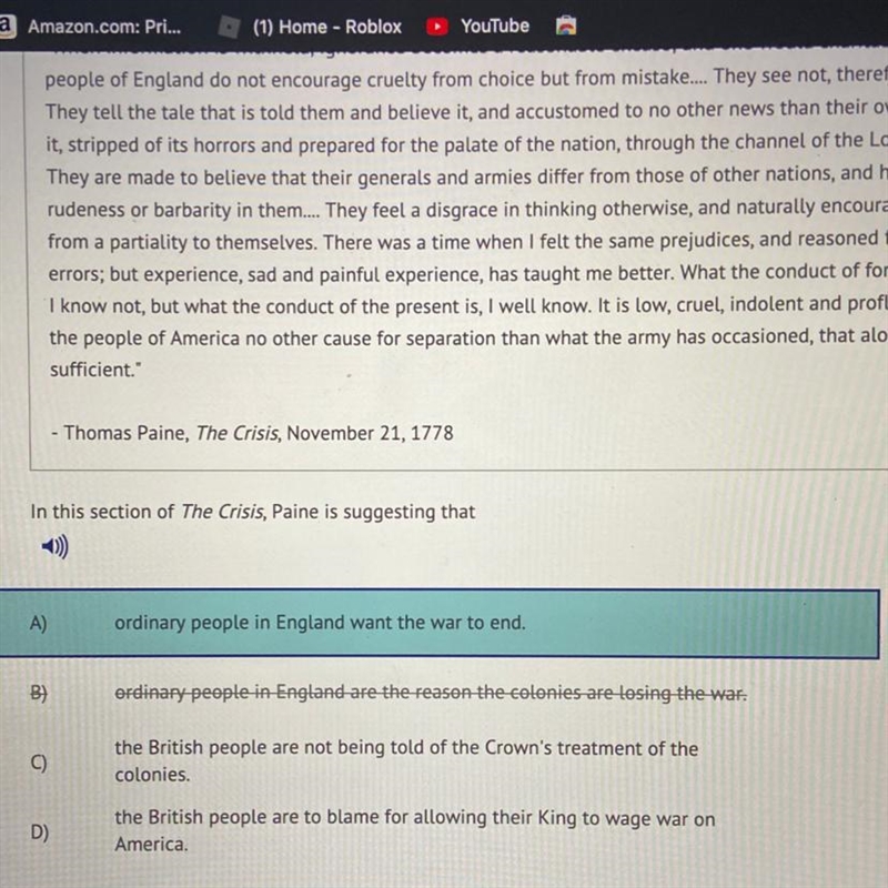 In this section of The Crisis Paine is suggesting that (A)ordinary people in england-example-1