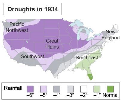 The map shows the droughts in 1934. On average, how many inches of rainfall below-example-1