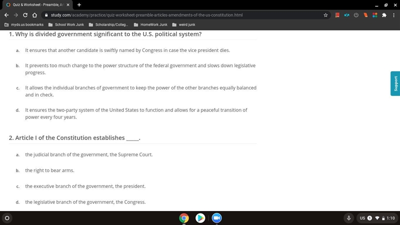 The US Constitution: Preamble, Articles and Amendments pls help-example-1