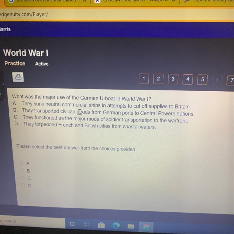 ASAP What was the major use of the German U-boat in World War I? A. They sunk neutral-example-1