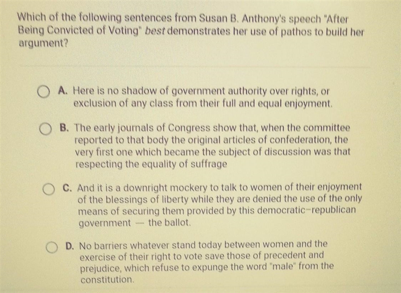 Which of the following sentences from Susan B. Anthony's speech "After Being-example-1