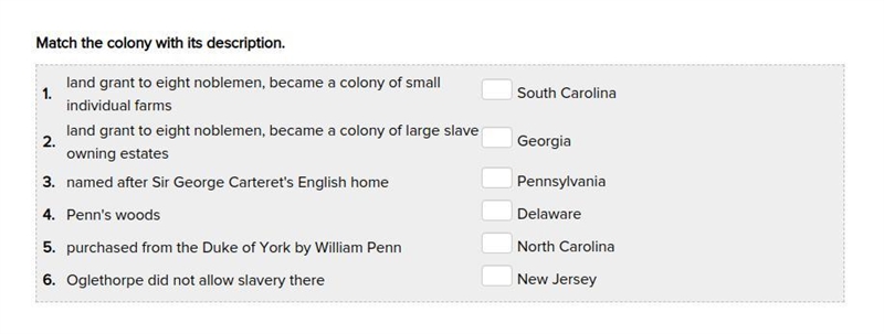 Match the colony with its description.-example-1