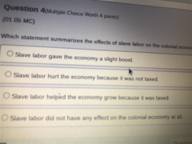 Which statement summarizes the effects of slave labor on the colonial labor?-example-1