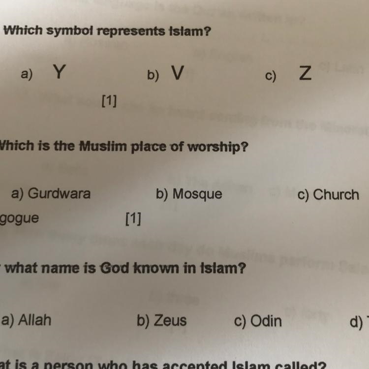 Which symbol represents islam A) y b) v c) z d)/-example-1