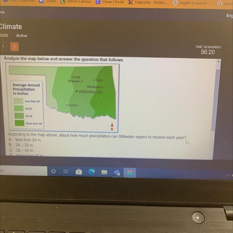 According to the map above, about how much precipitation can Sillwater expect to receive-example-1