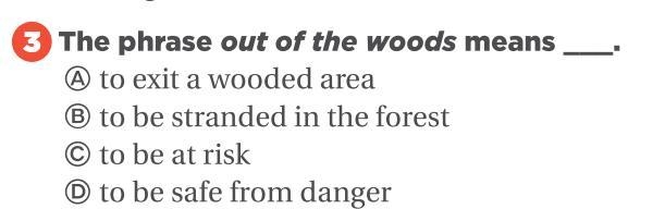 What does the phrase out of the woods mean? Thank you so so much!-example-1