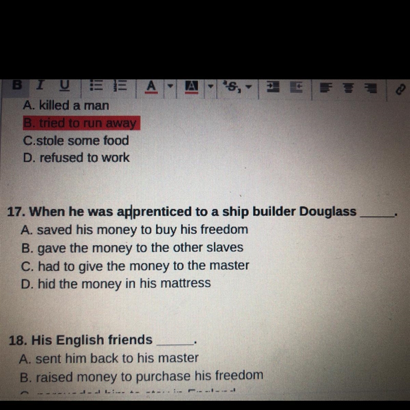 can someone help me please!! with question 17 on the story “The Narrative Of Frederick-example-1